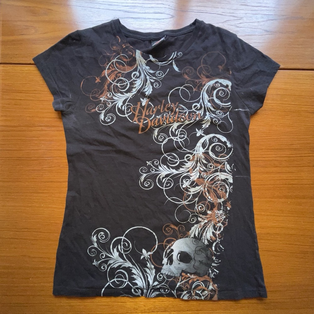 Black Sleeveless Harley Davidson Motorcycles Shirt Womens Skull Swirl